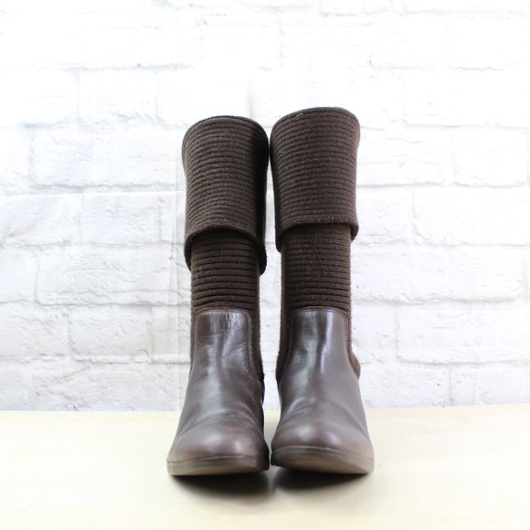 Lacoste Brown Ribbed Knit Mid Calf Leather Boots Size 7 - Picture 4 of 9